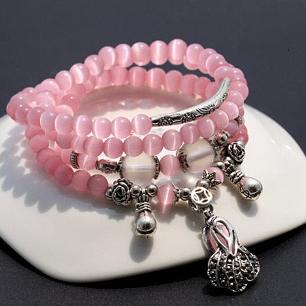 Natural Pinky Cat's eye Crystal Stone Buddhism Beaded Bracelet Prayer Beads Trinketry For Women Statement Jewelry Free shipping