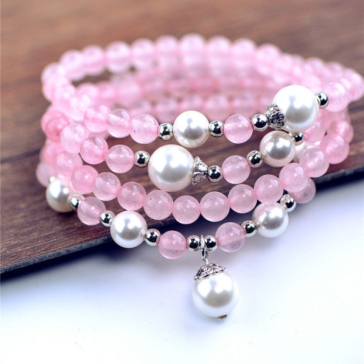 Natural Pinky Crystal Stone Multi-layer Bracelet with Pearl Shell Beads Boho Style Friends Gift Fashion Women's Jewelry