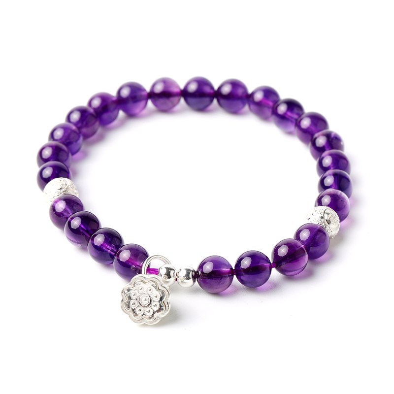 Natural Purple Amethyst 925 Sterling Silver Lotus Pendant Round Charm Bracelets Vintage Jewelry for Woman Wedding Gift