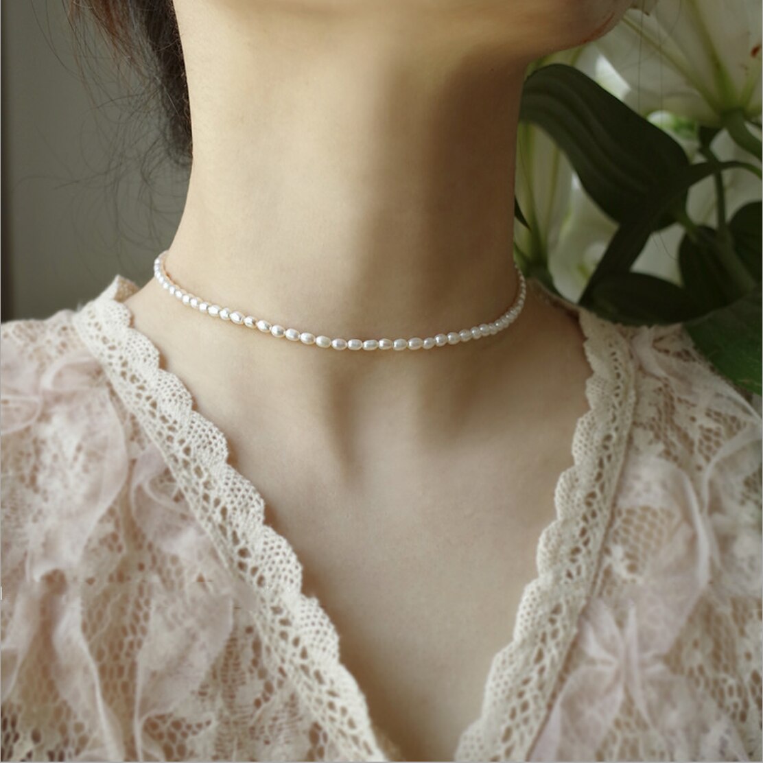 Natural Rice Pearl Necklace Necklace Female Short Clavicle French Stack Wearing Retro Temperament Niche Design Sense Jewelry
