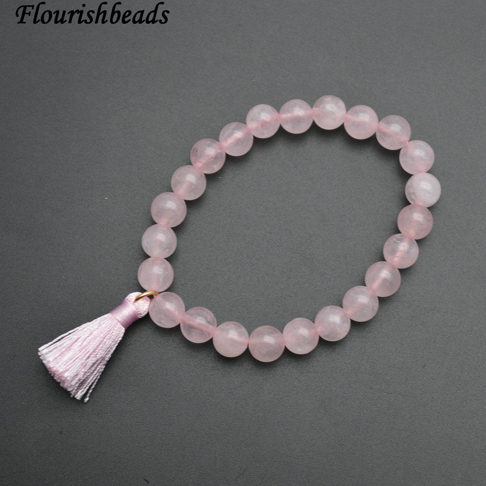 Natural Rose Quartz 8mm Stone Round Beads Elastic Line Small Tassel Charm Bracelet Fashion Woman Jewelry 6pc per lot