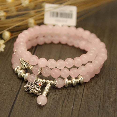 Natural Rose Quartz Crystal Stone Korea Fashion Beaded Bracelets Silver Color Elephant Pendant Great Friends Gift