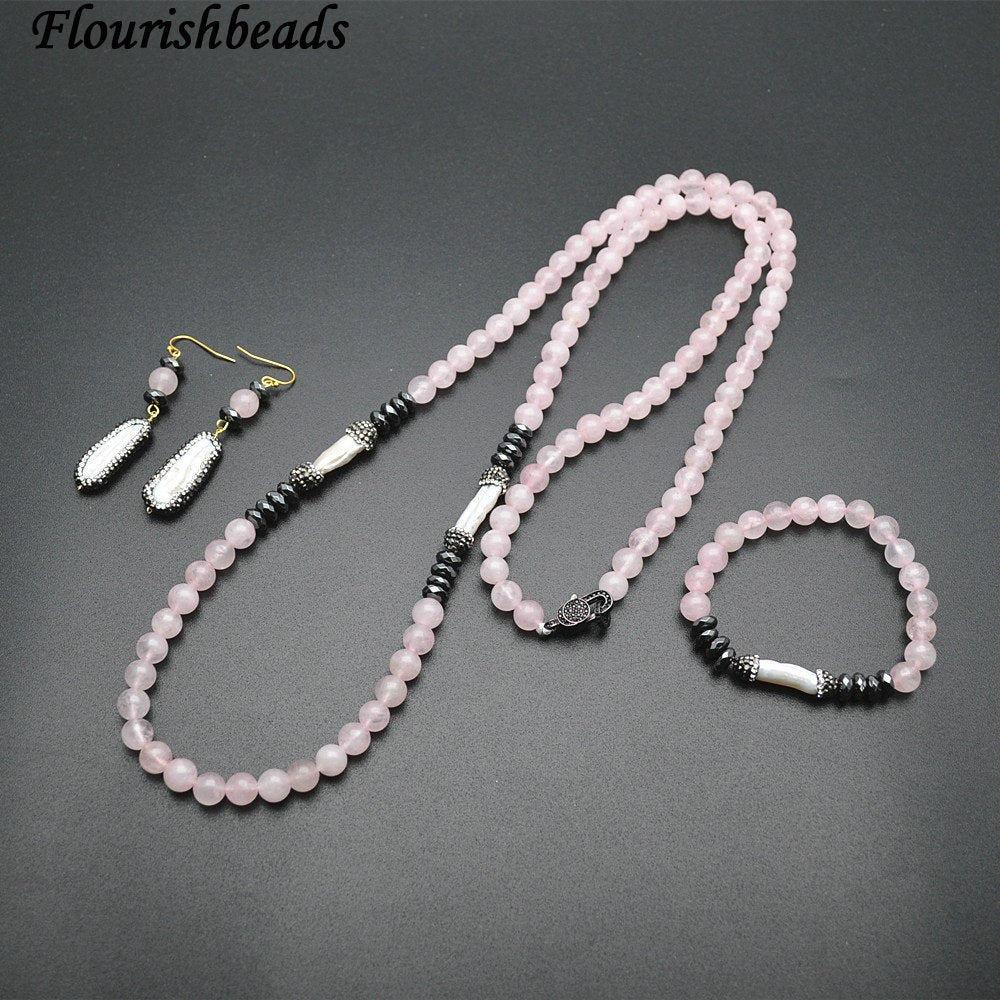 Natural Rose Quartz Round Beads and Fresh Water Pearl Necklace Bracelet Earrings Fashion Party Jewelry