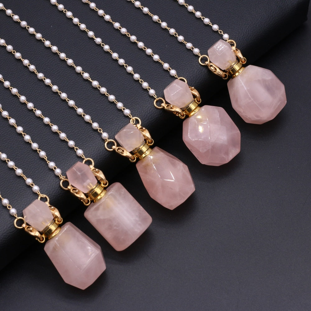Natural Rose Quartzs Perfume Bottle Pendant Necklace Agates Pendant Necklace Essential Oil Diffuser Pearl Chain Women Jewerly