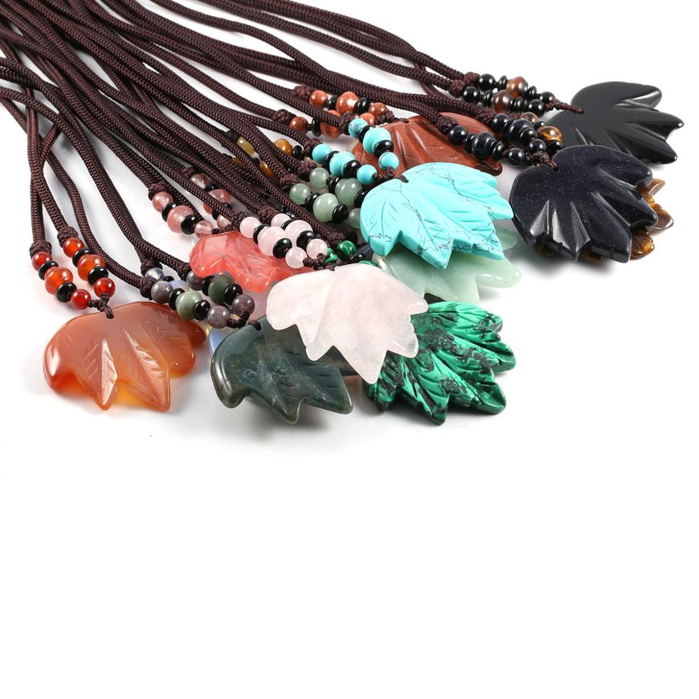 Natural Semi Precious Stone Pendant Necklace For Woman Maple Leaf Shape Agates Material Chain Length: 70cm Pendant: 50 * 43mm
