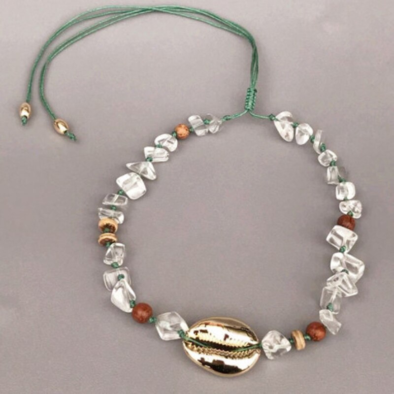 Natural Shell Choker Gold Color Plated Big Shell Necklace Jewelry Green Cord Wood Beads Clear Crystal Beaded Handmade Accessory