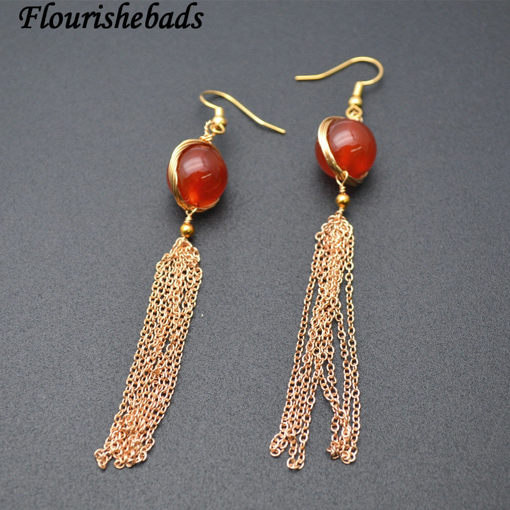 Natural Stone 12mm Round Beads Metal Chains Tassel Dangle Earrings Fashion Jewelry (Red Carnelian Agate / Amazonite )