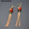Natural Stone 12mm Round Beads Metal Chains Tassel Dangle Earrings Fashion Jewelry (Red Carnelian Agate / Amazonite )