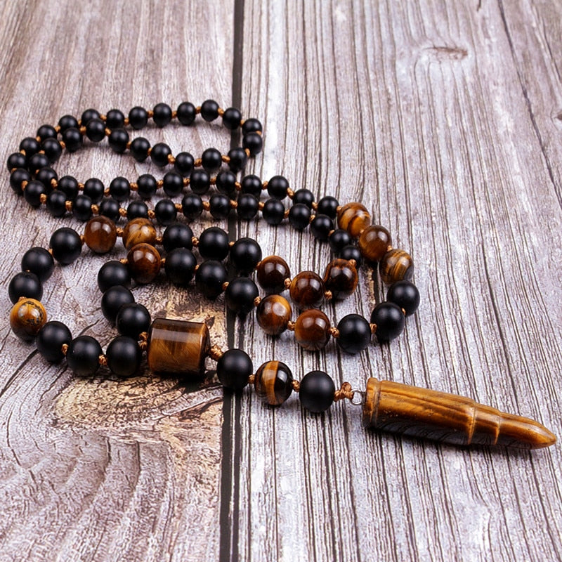 Natural Stone Bead & Tiger Eye Bullet Pendant Tribal Necklace For Men