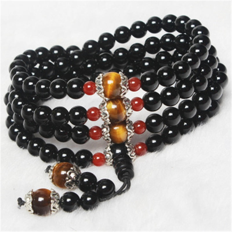 Natural Stone Black Agate Bracelet Round Bead Silver Red Tiger Eye Lucky Bangle Women Crystal Quartz Jewelry Love Energy Gift