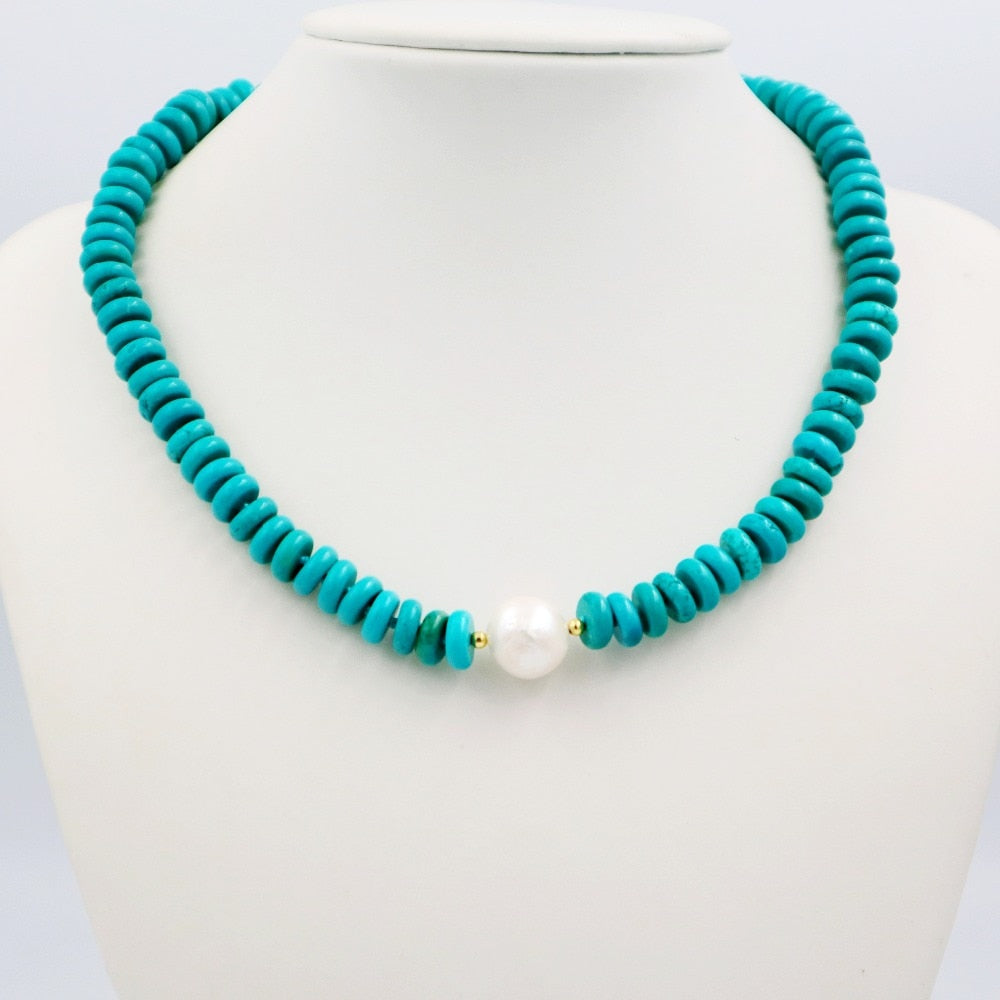 Natural Stone Blue Color Turquoises 9mm Beads&Baroque Pearl 11-13mm Beads Magnet Clasp Fashion Necklace 18''/45cm