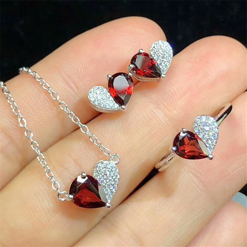 Natural Stone Garnet Ring Earrings Pendant Necklace Set Antique for Women Adjustable Brand Jewelry Set Red Gems Fashion