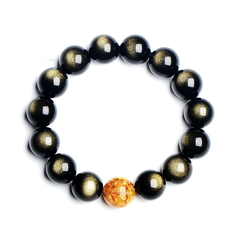 Natural Stone Golden Obsidian Bracelet Round Aventurine Goldleaf Beads Bangle Men Women Crystal Quartz Jewelry Love Energy Gift
