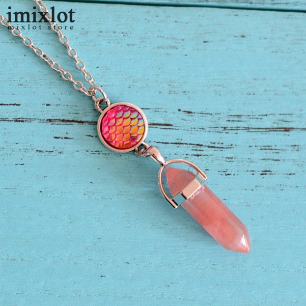 Natural Stone Pendants Necklaces For Women Silver Color Mermaid Scales Fish Scale Hexagonal Column Choker Necklace