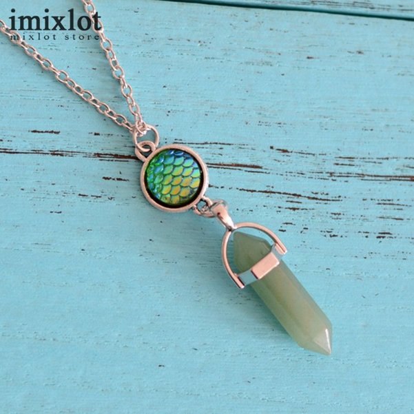 Natural Stone Pendants Necklaces For Women Silver Color Mermaid Scales Fish Scale Hexagonal Column Choker Necklace
