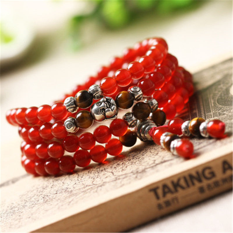 Natural Stone Red Chalcedony Bracelet Round Bead Buddha Silver Tiger Eye Lucky Bangle Women Crystal Quartz Jewelry Energy Gift