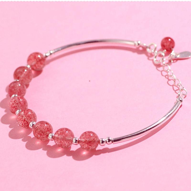 Natural Stone Rose Quartz Beads Bracelets For Women Strawberry Pink Color Crystal 925 Sterling Silver Bends Chain Bracelet
