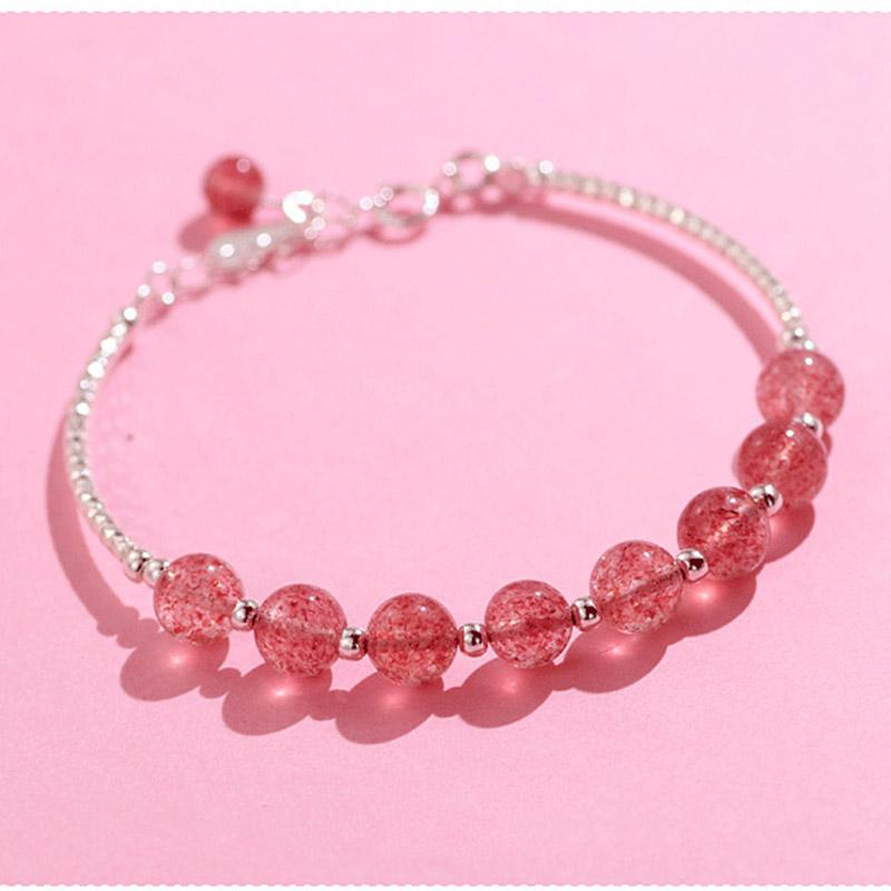 Natural Stone Rose Quartz Beads Bracelets For Women Strawberry Pink Color Crystal 925 Sterling Silver Bends Chain Bracelet