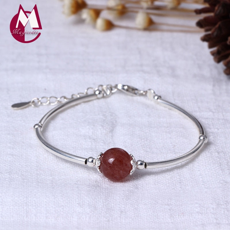 Natural Stone Strawberry Crysral Beads Women's Bracelets Bangles 100% 925 Sterling Silver Bracelet Fine Gemstone Jewelry YB57