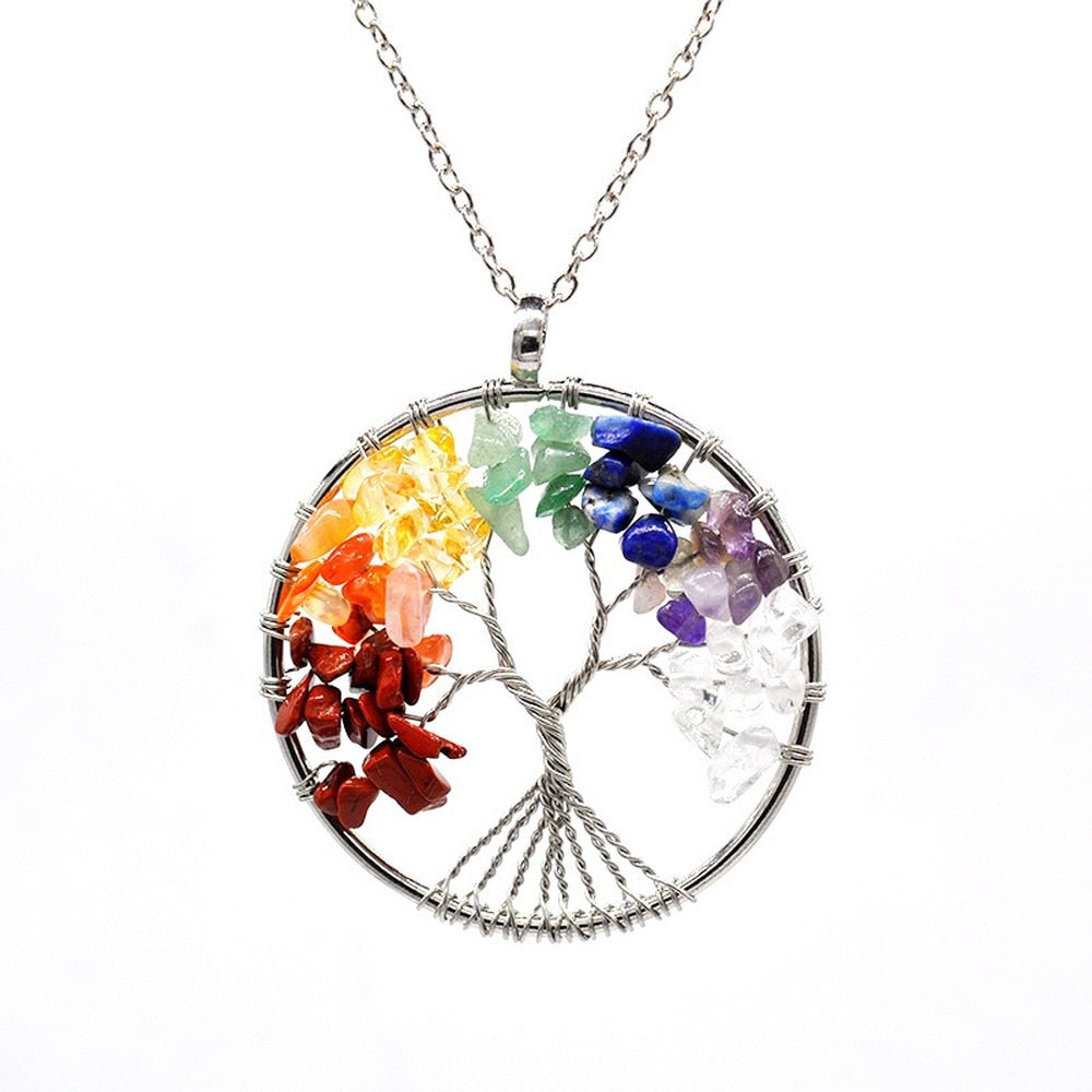 Natural Stone Tree of Life Pendant Necklace 7 Chakra Handmade Color Quartz  Crystal Necklace Pendant Wedding Jewelry for Women