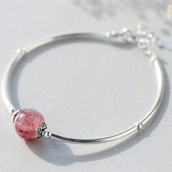 Natural Strawberry Crystal Round Bead Star Coin Bracelet Vintage 925 Sterling Silver Bracelets Bangles For Women Jewelry