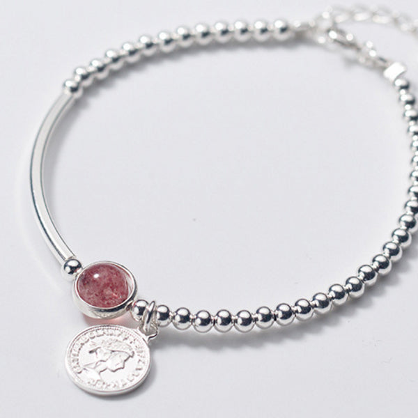 Natural Strawberry Crystal Round Bead Star Coin Bracelet Vintage 925 Sterling Silver Bracelets Bangles For Women Jewelry