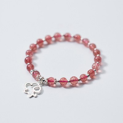 Natural Strawberry Crystal Round Beads Bracelet Fashion Cute Flower Bear Dog Puppy Charms 925 Silver Bracelets For Women Jewelry