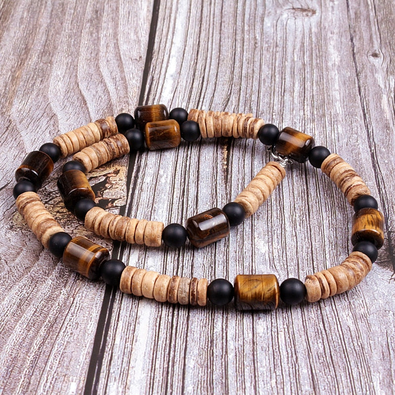 Natural Tiger Eye Stone & Wood Bead Tribal Necklace For Men
