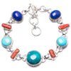 Natural Turquoise,Lapis Lazuli and Red Coral Unique 925 Sterling Silver Bracelet 6 1/2-7 1/4 Y1947