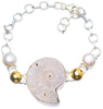 Natural Two Tones Ammonite Fossil and River Pearl 925 Sterling Silver Bracelet 6-8 1/4 Y0143