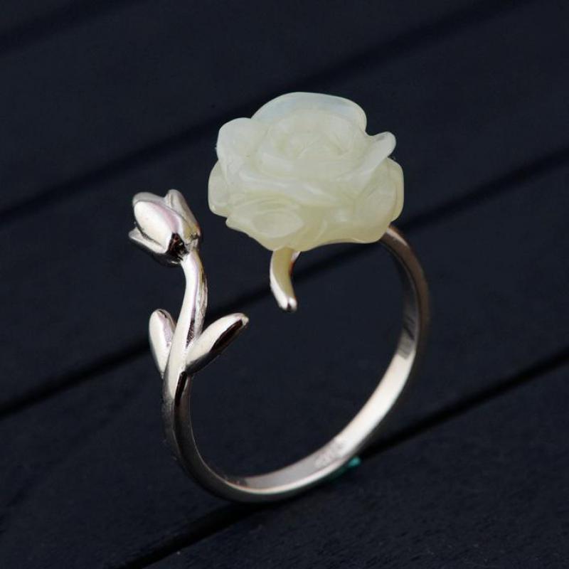 Natural White Jade Rose Ring Flowers Engraved Real Pure 925 Sterling Silver Rings For Women Elegant Gemstone Jewelry