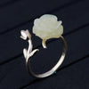 Natural White Jade Rose Ring Flowers Engraved Real Pure 925 Sterling Silver Rings For Women Elegant Gemstone Jewelry