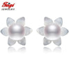 Natural White Pearl 925 Sterling Silver Stud Earrings For Women Fine Jewelry 6-7mm Pearl Petals Shell Carvings Feige