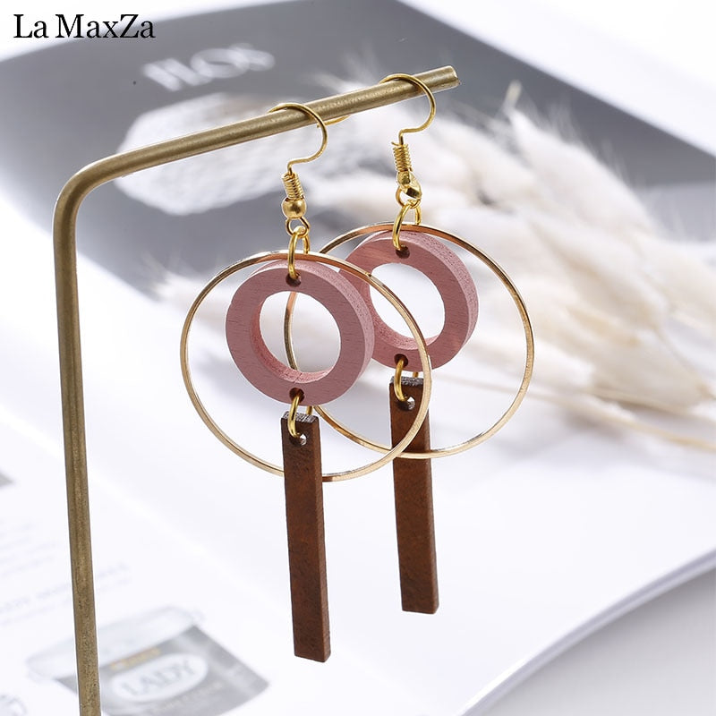 Natural Wood Earrings for Women Geometry Hollow Alloy Dangle Earring Ethnic Fashion Statement Ear Korean Girls Jewelry Gift