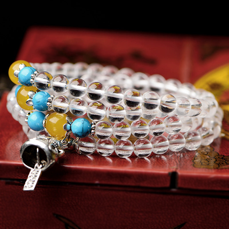 Natural Yellow STONE and White Crystal Multi-layers Bracelet Prayer Beads bracelet Fashion Jewelry