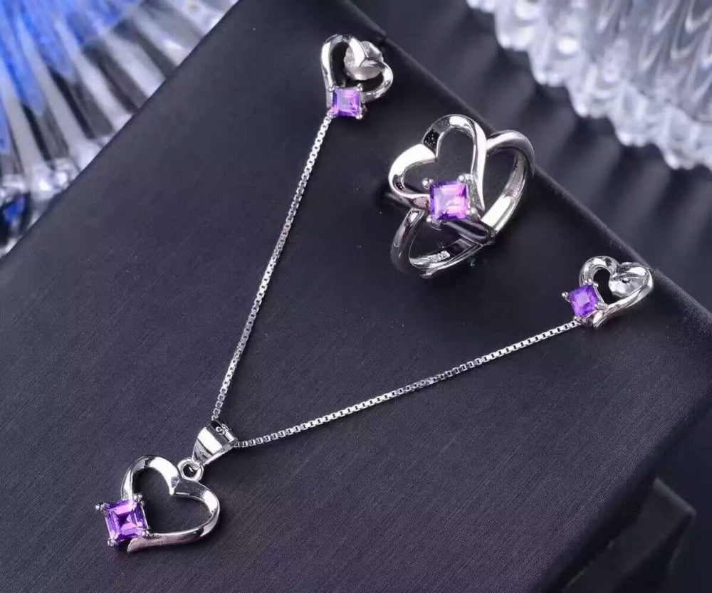 Natural amethyst gem jewelry sets natural crystal ring Pendant Earrings S925 silver Elegant Romantic lovely heart fine jewelry