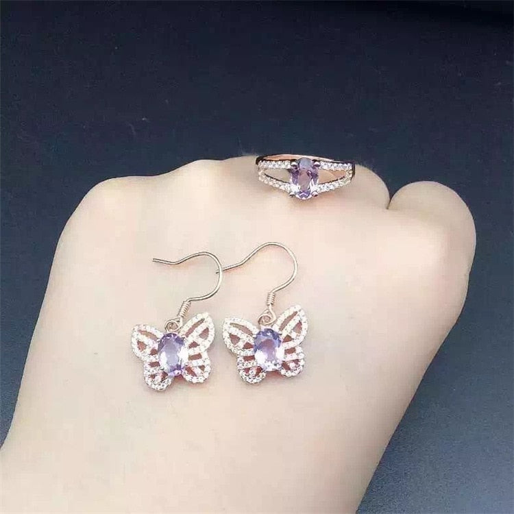 Natural amethyst ring earrings set shifting generous fashion 925 silver inl natural crystal