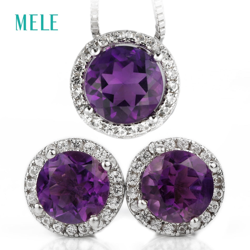 Natural amethyst silver jelwery set, pendant and earring, round 7mm for pendant and round 6mm for earring, little and lovely