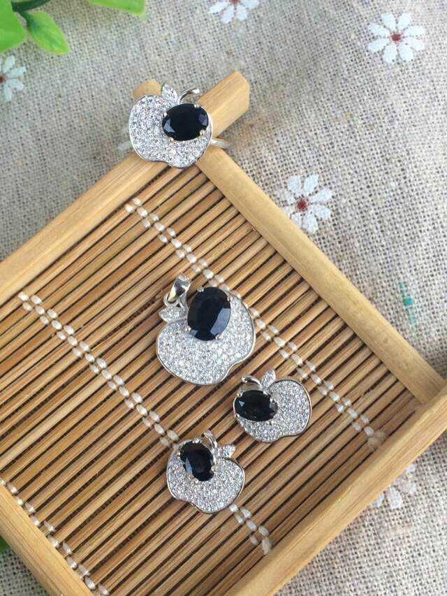 Natural black blue sapphire stone wedding jewelry sets natural gemstone ring earrings necklace S925 silver Fashion Fruit Shape