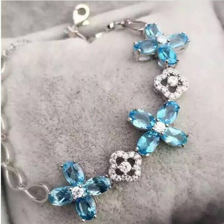 Natural blue chain bracelet Free shipping Real and natural blue topaz Fine jewelry 4*6mm 12 pcs