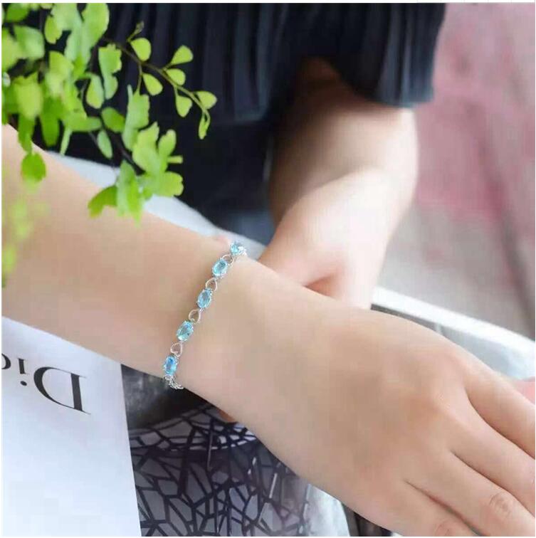 Natural blue chain bracelet Free shipping Real and natural blue topaz Fine jewelry 5*7mm 5pcs