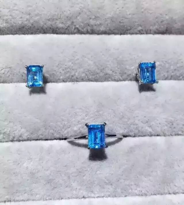 Natural blue topaz gem jewelry sets natural gemstone ring Earrings 925 silver Stylish Elegant simple square women party jewelry