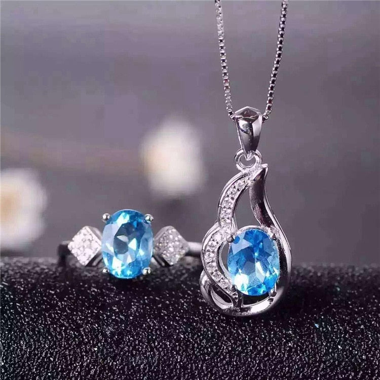 Natural blue topaz set   925 Silver Inl Ring Pendant Set live
