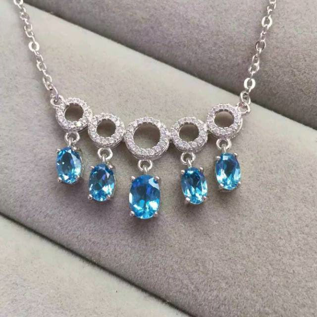 Natural blue topaz stone Necklace natural gemstone Pendant Necklace S925 silver Fashion Elegant water drop Circle women Jewelry
