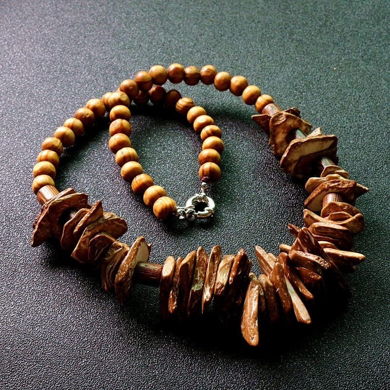 Natural coconut shell with wood bead Tribal necklace