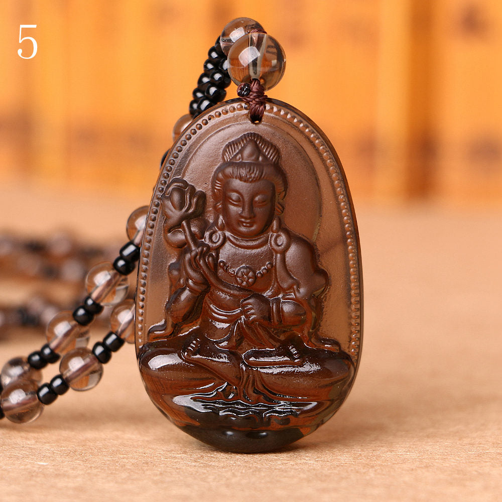Natural crystal pendant Smoky Quartz Necklace Natural Stone Pendant Buddha Guardian Ball Chain Lucky GiftCarved Women Jewelry