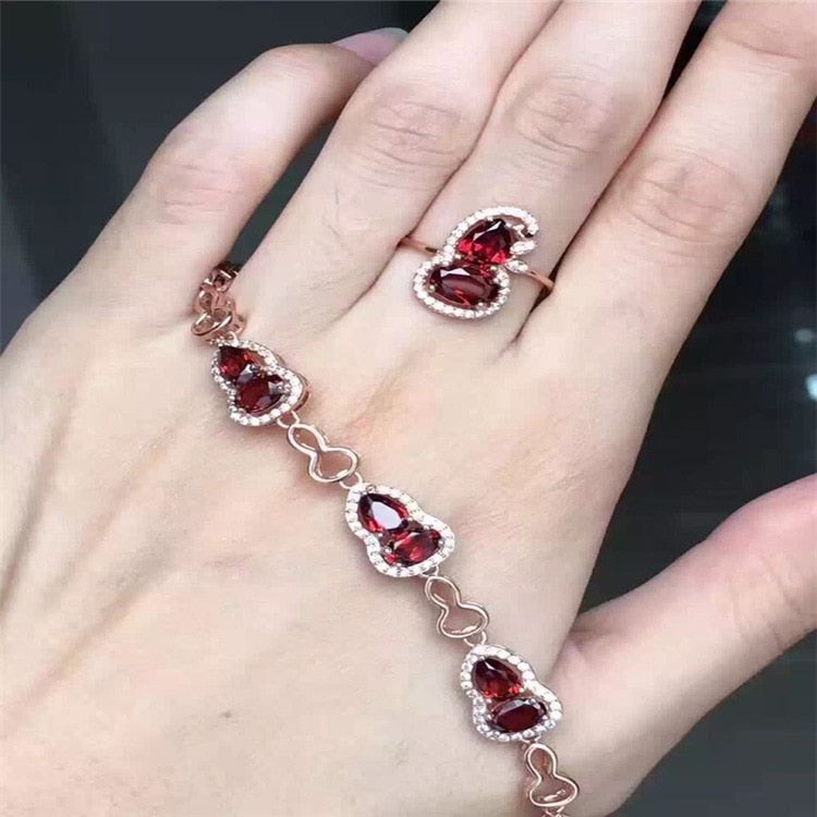 Natural garnet suit two piece set ring bracelet with 925 silver inlaid natural gemstones