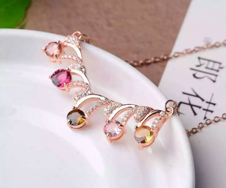 Natural multicolor tourmaline Necklace natural gemstone Pendant Necklace S925 silver Fashion Elegant Flowers girl party Jewelry