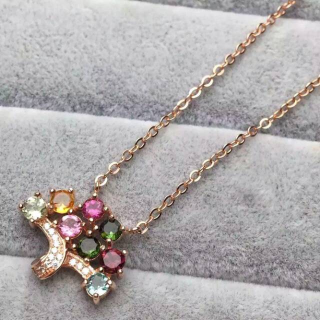 Natural multicolor tourmalineNecklace natural gemstone Pendant Necklace S925 silver Fashion Elegant Christmas tree Jewelry