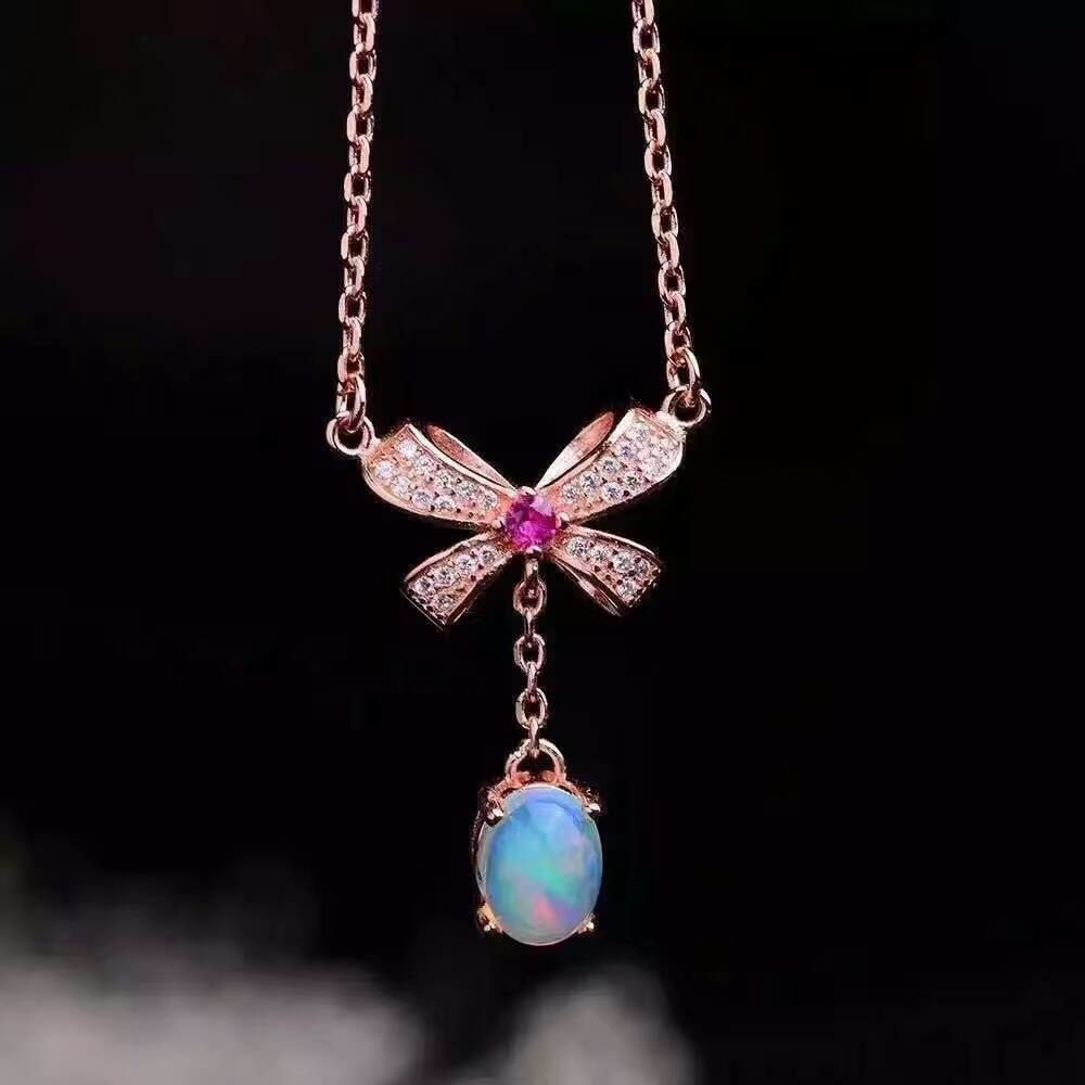 Natural opal topaz crystal Necklace natural gemstone Pendant Necklace S925 silver Fashion Elegant butterfly bow fine Jewelry